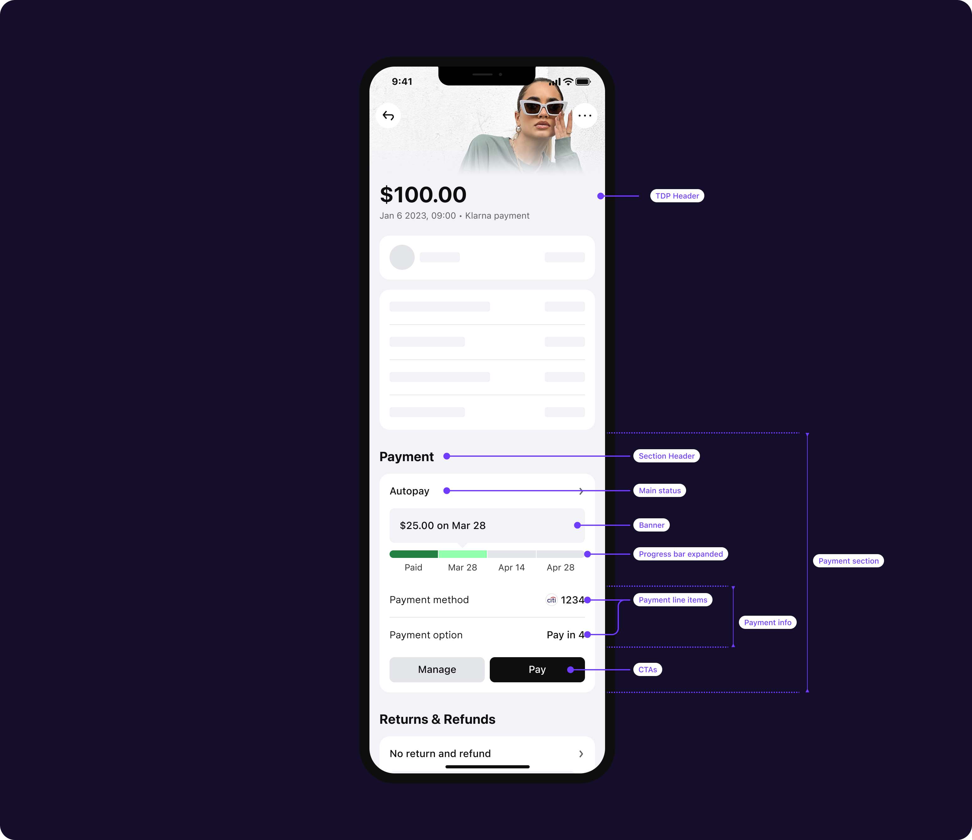 Transaction Detail Page anatomy — payment status and progress